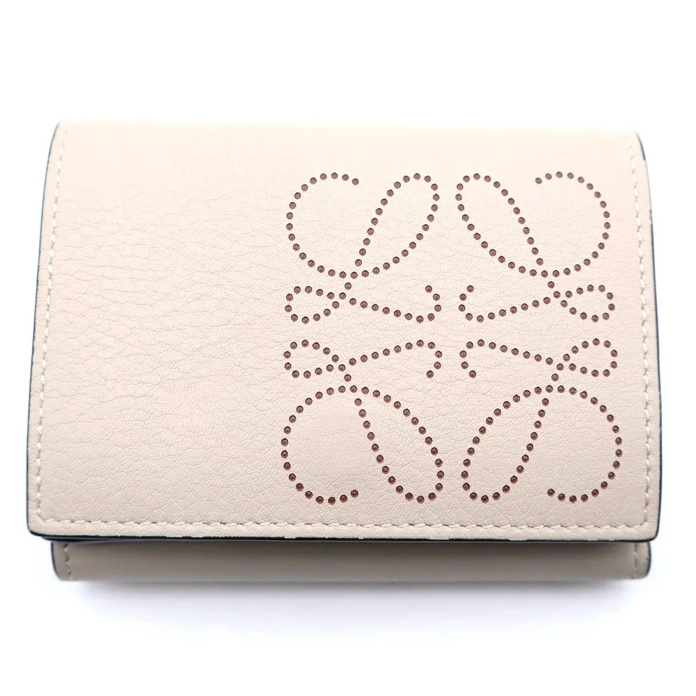 LOEWE Anagram Punching Trifold Wallet Compact Tri fold Beige